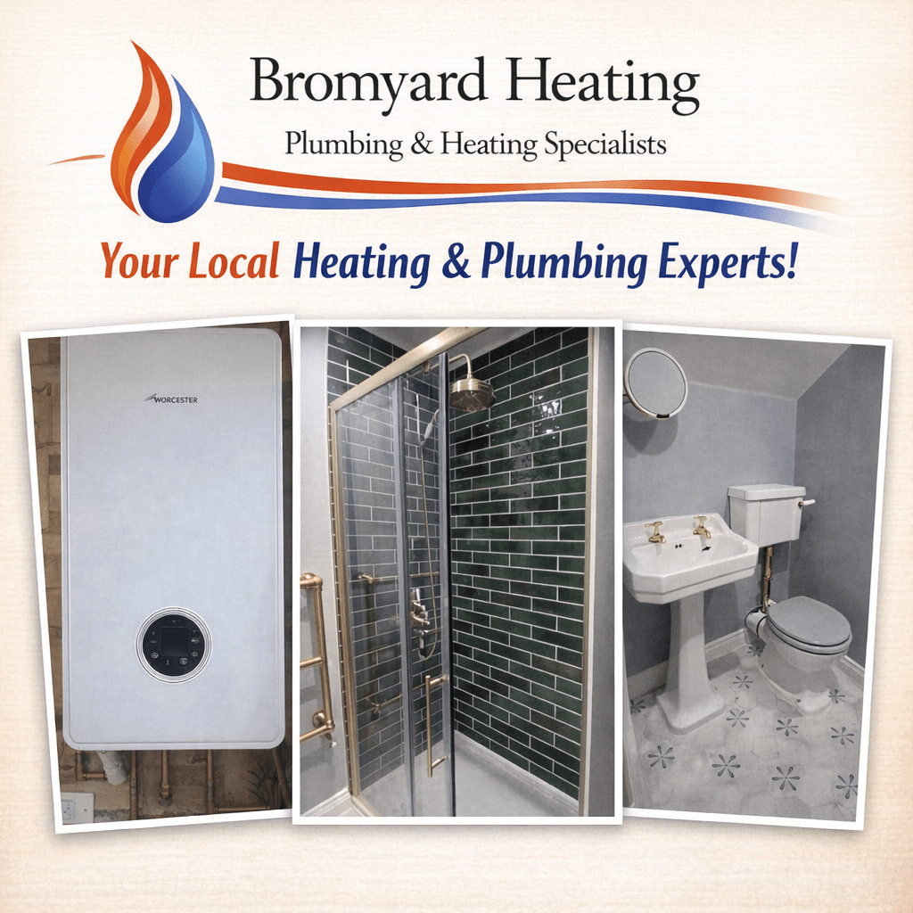 Bromyard Heating, your local Heating and plumbing experts.
A newly installed boiler, shower, toilet and sink.